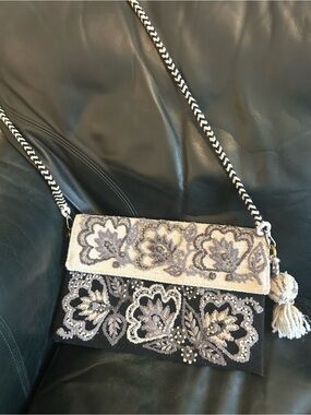 Embroidered Floral Shoulder Bag in Black and Cream